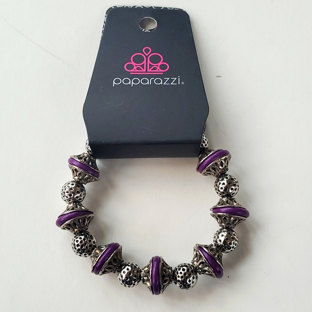 Boutique Paparazzi Large Purple Silver Beaded Stretchy Fashion Bracelet